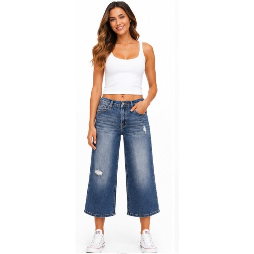 ALBERTO MAKALI Wide Leg Cropped Jeans‎ Women's Medium Distressed Denim Capri